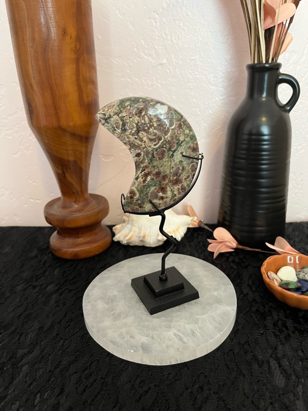 Green Flower Agate Crescent Moon Sculpture - Home Art